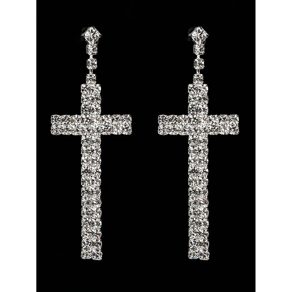 New Silver Rhinestone Cross Drop Dangle Earrings Crystal Statement Gothic